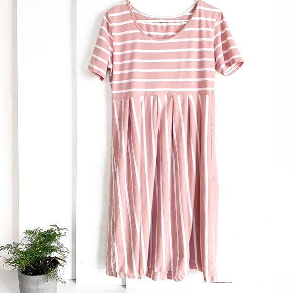 Vintage Dresses & Skirts - short sleeve midi dress pink + white stripe XL